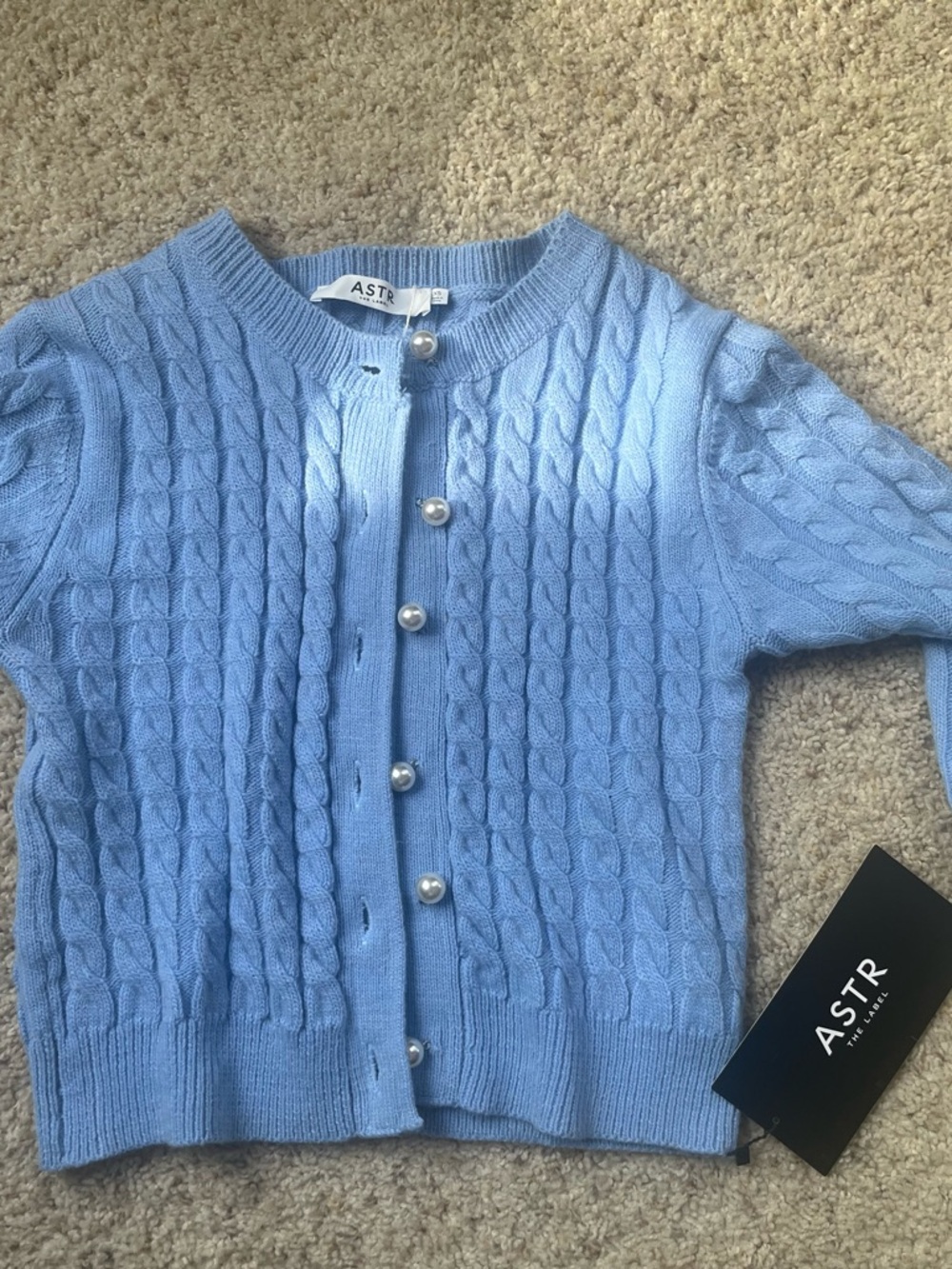 Astr Baby Blue Cable Knit Cardigan with Pearl Buttons